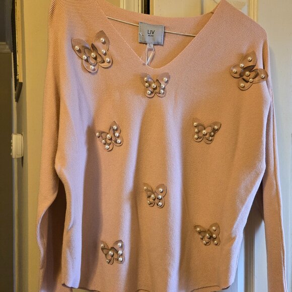 Pale peach Liv Milano L sweater with leather butterflies with pearl accents - Picture 3 of 3